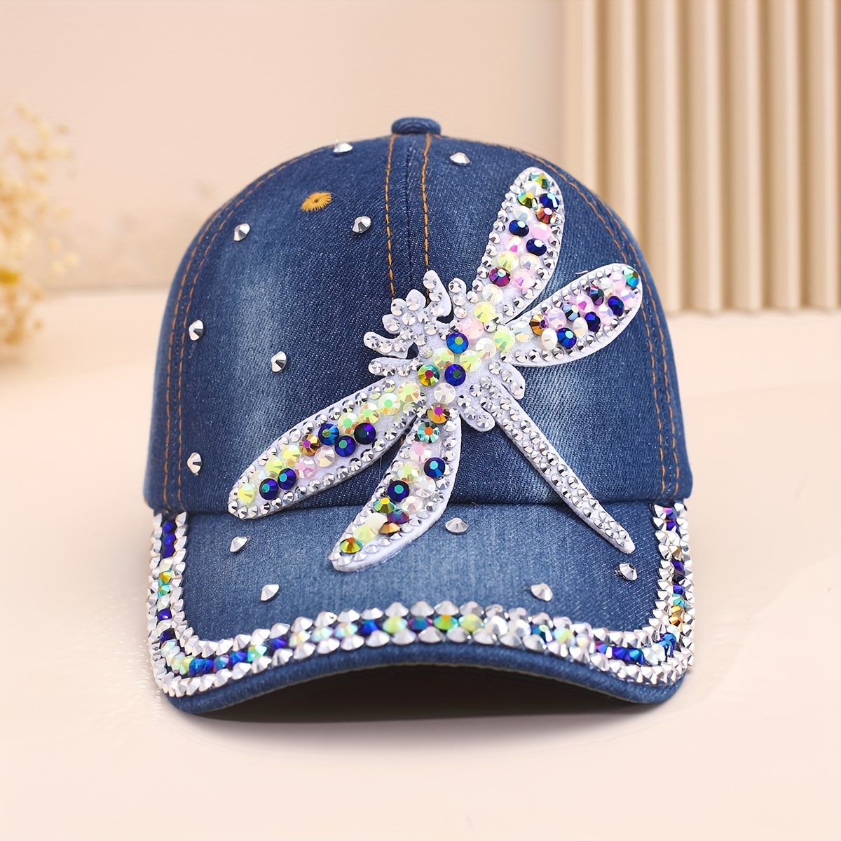

Rhinestone Dragonfly Patch Baseball Cap Blue Denim Washed Distressed Y2k Dad Hats Lightweight Adjustable Sun Hat For Women Daily Use