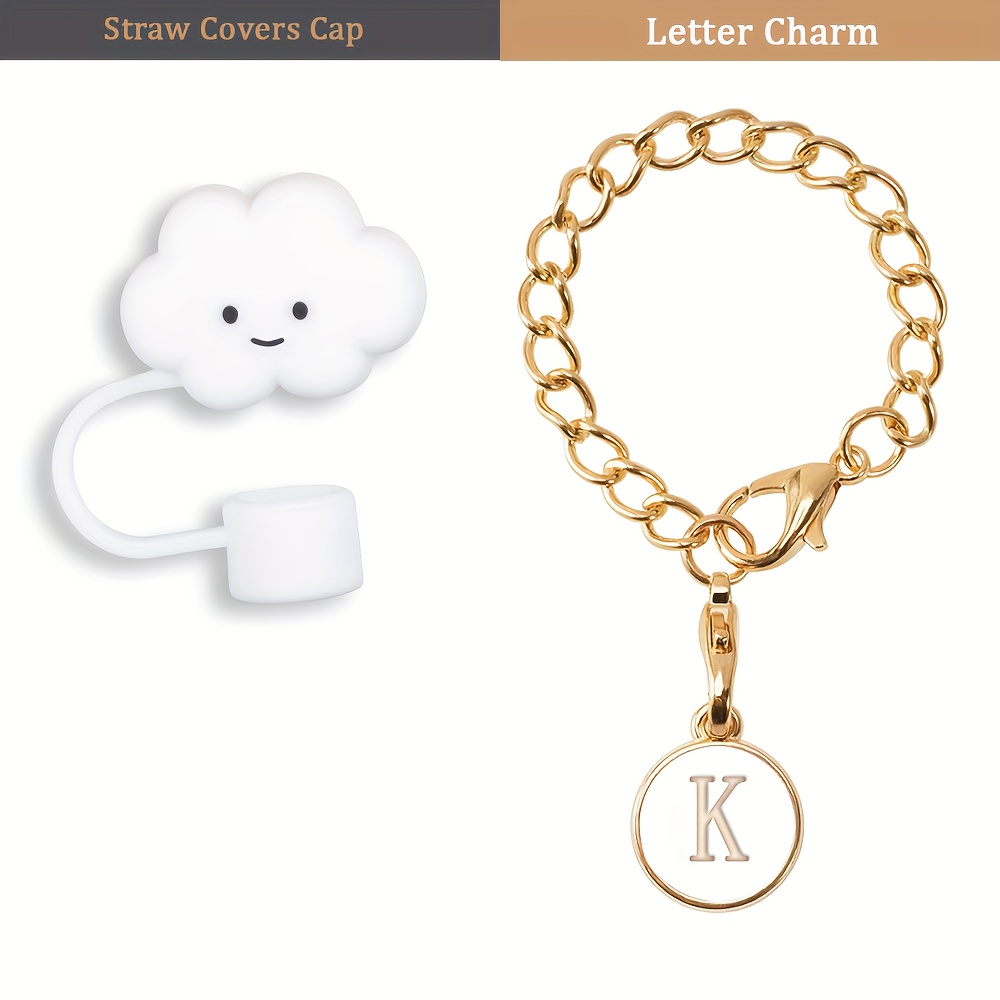 3pcs Adorable Cloud Design Silicone Straw Covers, 2pcs Simple Modern Cup  Name ID Card Initial Letter Handle Tumbler Personalized Symbol Water Cup  Handle Identification Letter Chain White