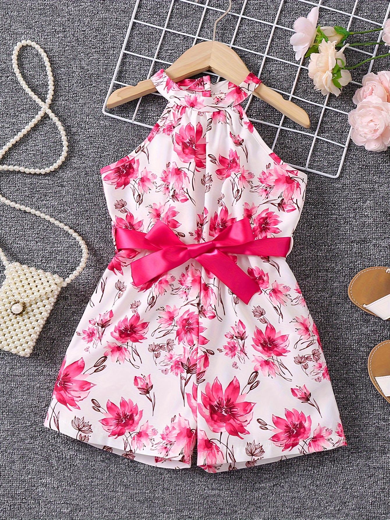 Girls 2pcs Camisole Jumpsuit Onesie & Puff Short Sleeve Coat Set Floral  Print Elegant Casual Kid Clothes Summer