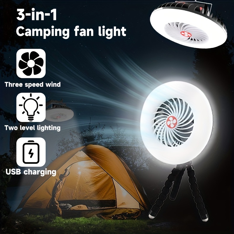 Camping Fan with LED Light, Three Wind Speeds, 8000mAh Rechargeable Battery Powered Tent Fan with Detachable LED Light and Hook, Infinitely Dimmable