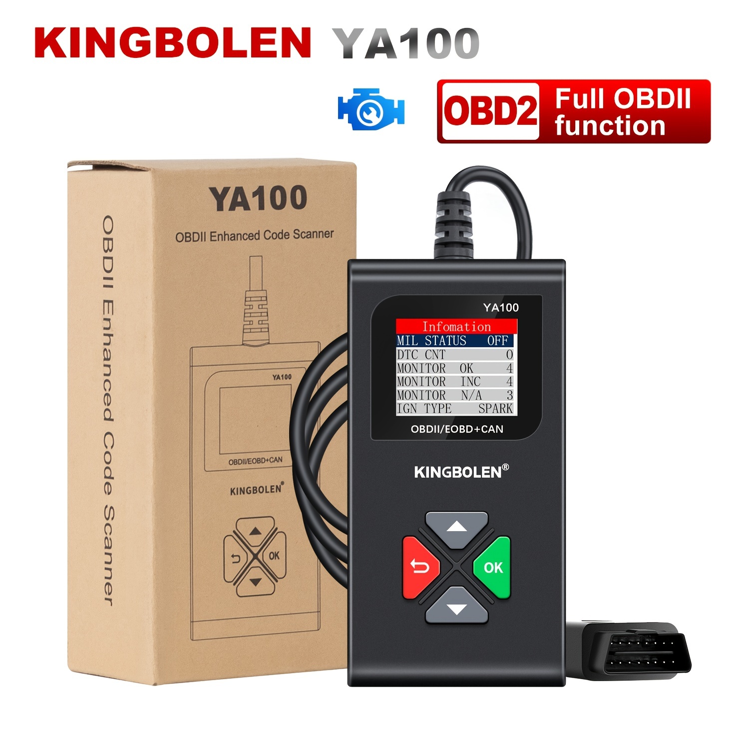 KINGBOLEN YA100 OBD2 Scanner Car Auto Diagnostic Tools Obd Code Reader  Check Engine Scan Tool With Vehicle Voltage Test For All OBD2 Protocol 12V