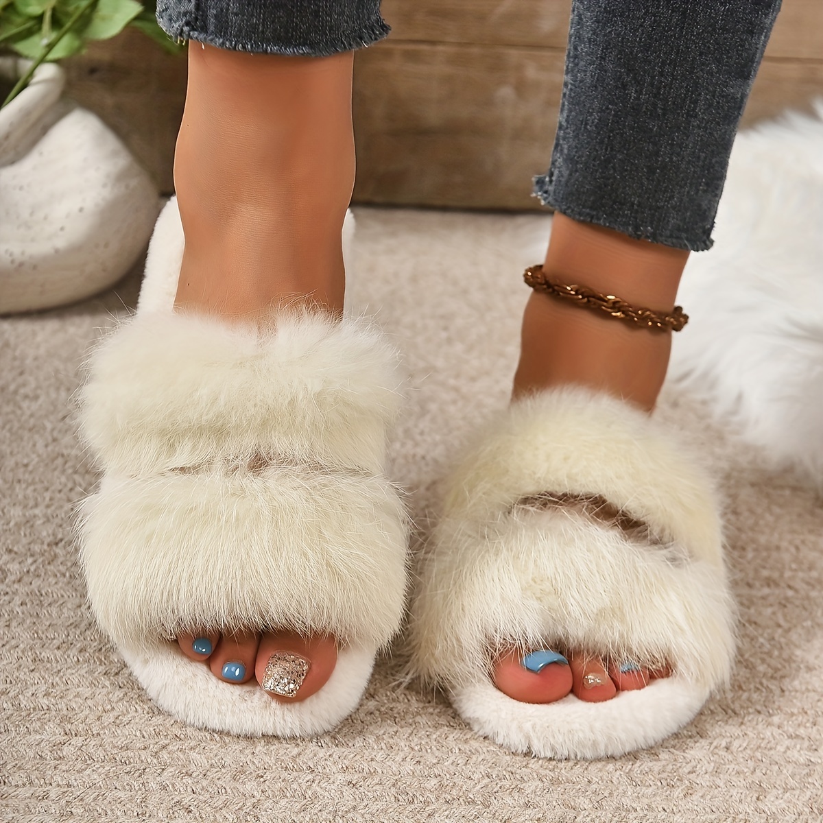 Women Autumn Winter Buckle Fluffy Slippers Open Toe Flat Sandals