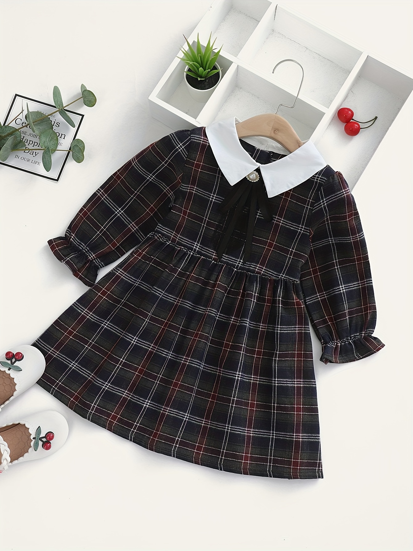 Vintage Style Girls Splicing Long Sleeve Collar Dress Fall - Temu