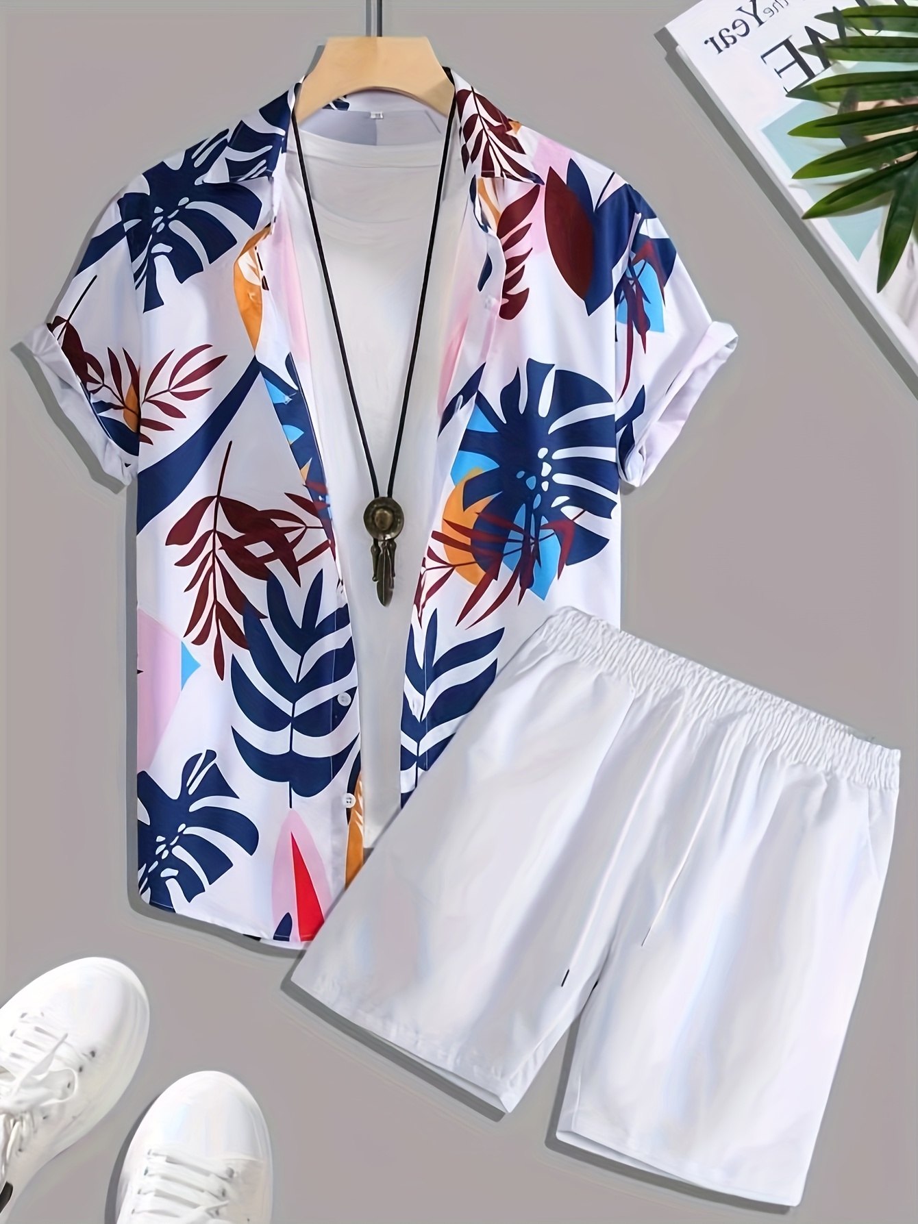 Summer Men Lapel Neck Floral Printed Outfit Short Sleeve Shirts+Shorts 2Pcs  Set