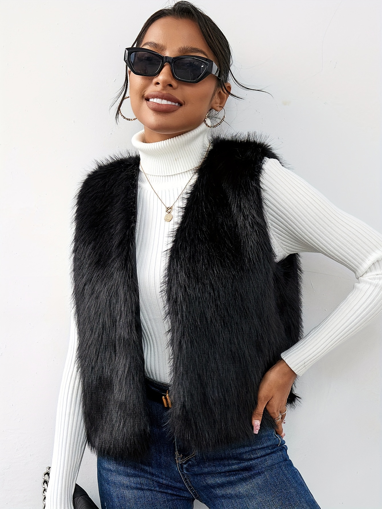 Open Front Fuzzy Vest Jacket Elegant Sleeveless Vest Fall - Temu Canada