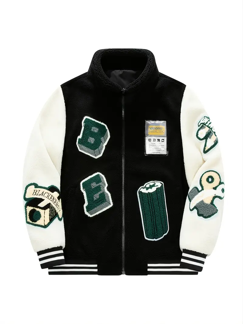 Men's Casual Fleece Color Block Jacket Embroidered Patches - Temu