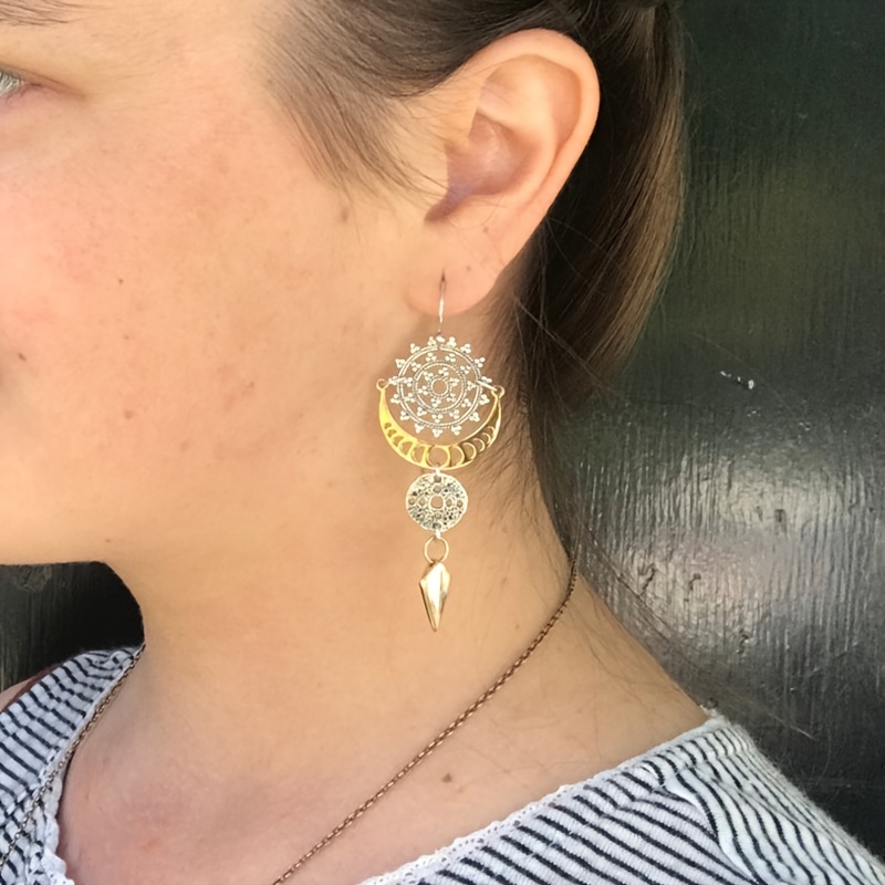 Bohemian Golden Circle & Moon Texture Arrow Drop Dangle Earrings