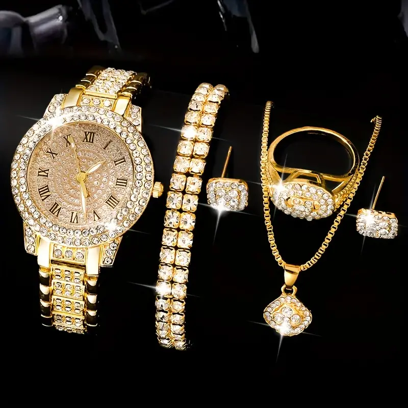 6pcs set womens watch luxury rhinestone quartz watch hiphop fashion analog wrist watch jewelry set gift for mom her details 2