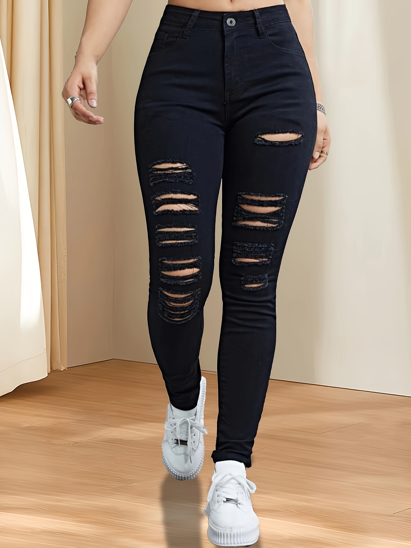 black ripped holes skinny jeans slim fit high stretch casual tight jeans womens denim jeans clothing