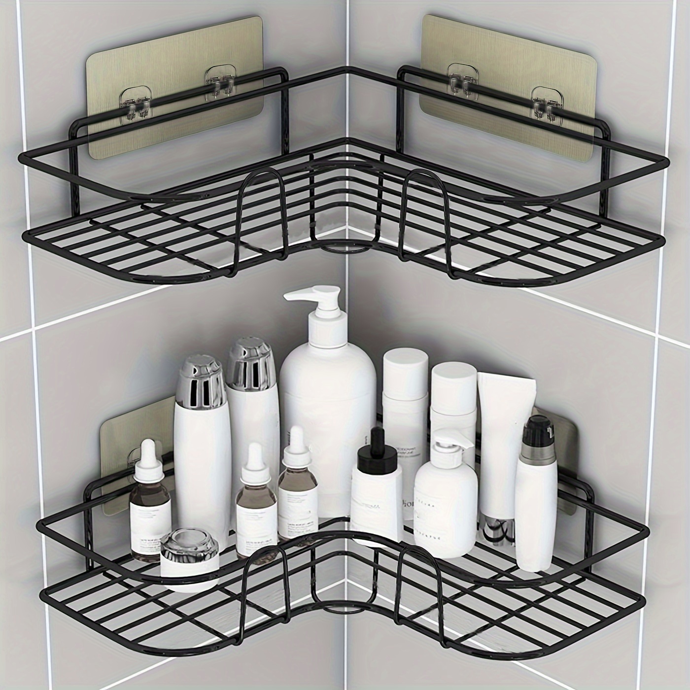 2Pcs Corner Shower Caddy Shelf Adhesive Bathroom Storage Racks, 1