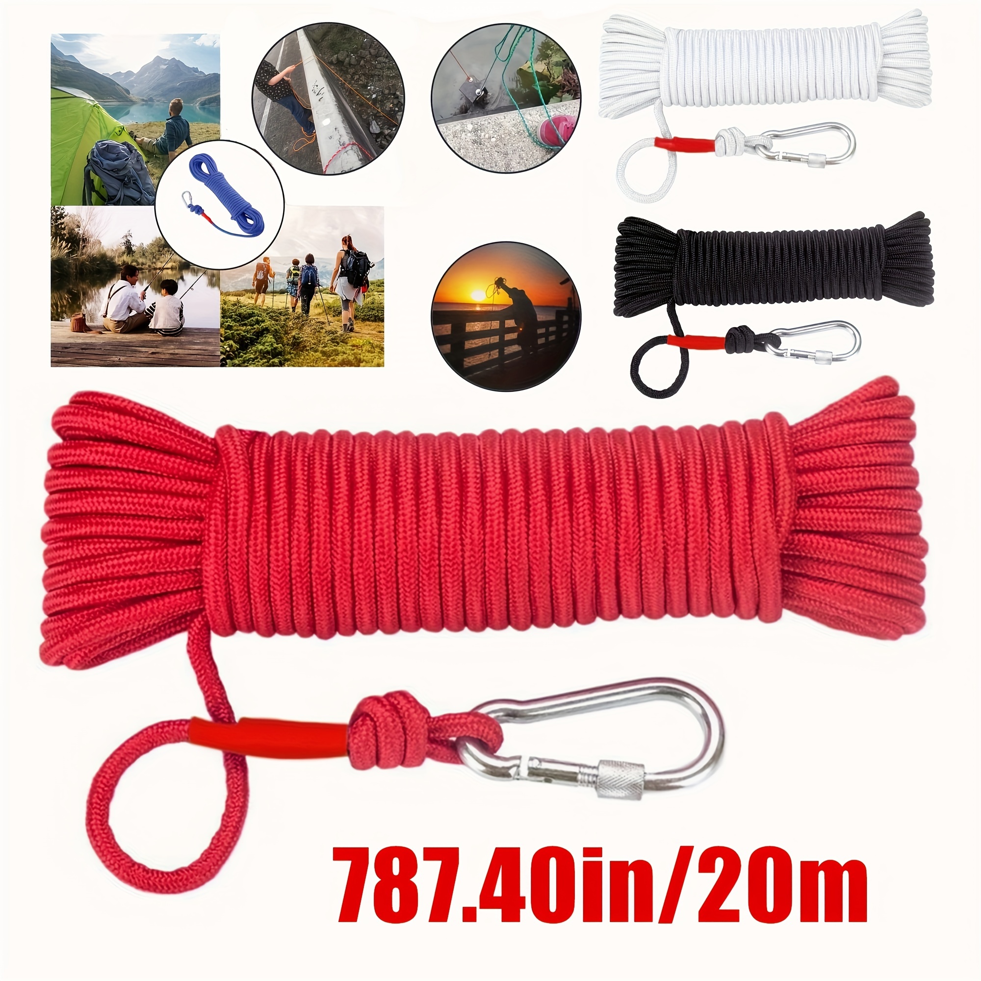Magnetic Fishing Rope, Braided Nylon Rope With Carabiner For Boat