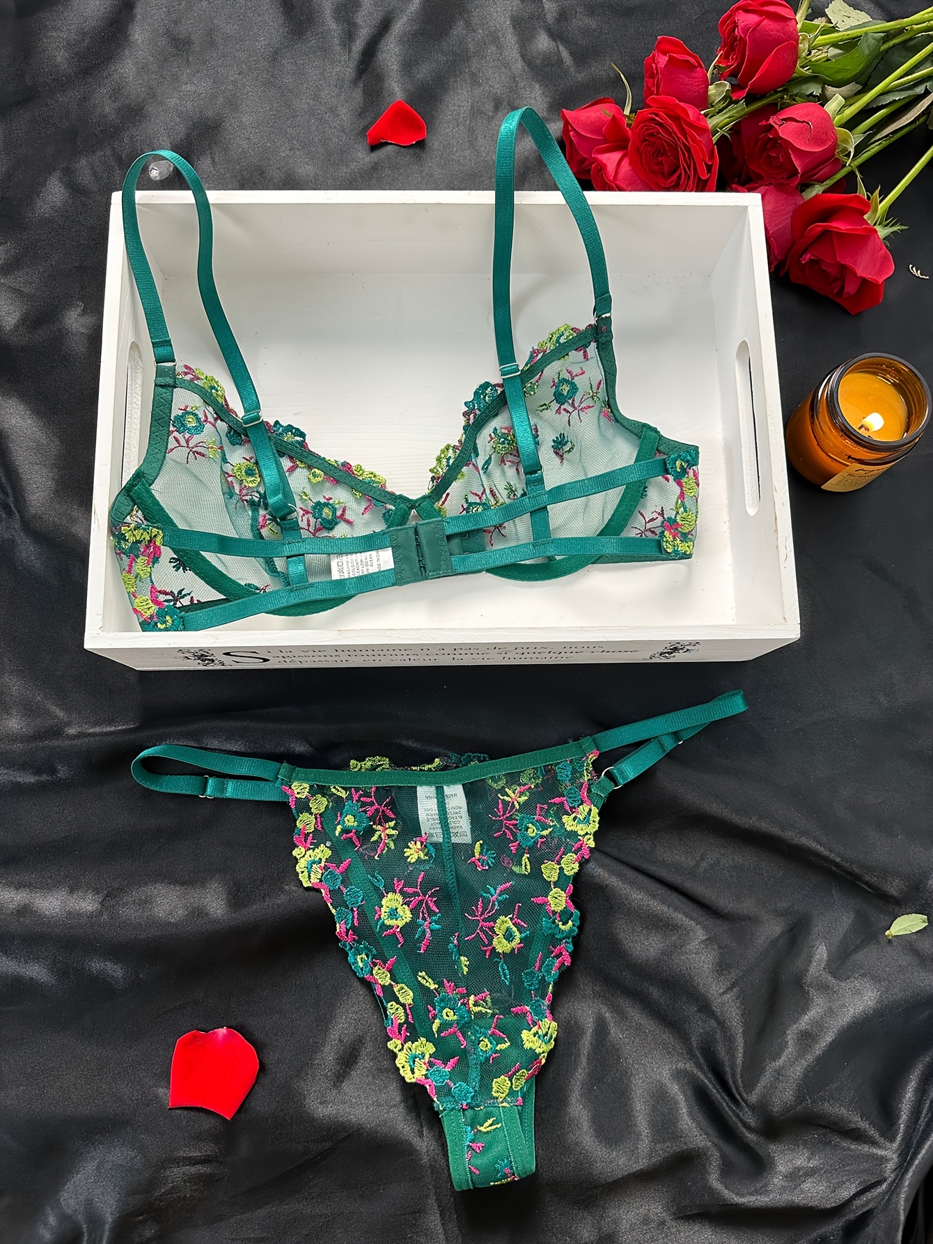 Plant Embroidery Lingerie Set Mesh Unlined Bra Thong Women's