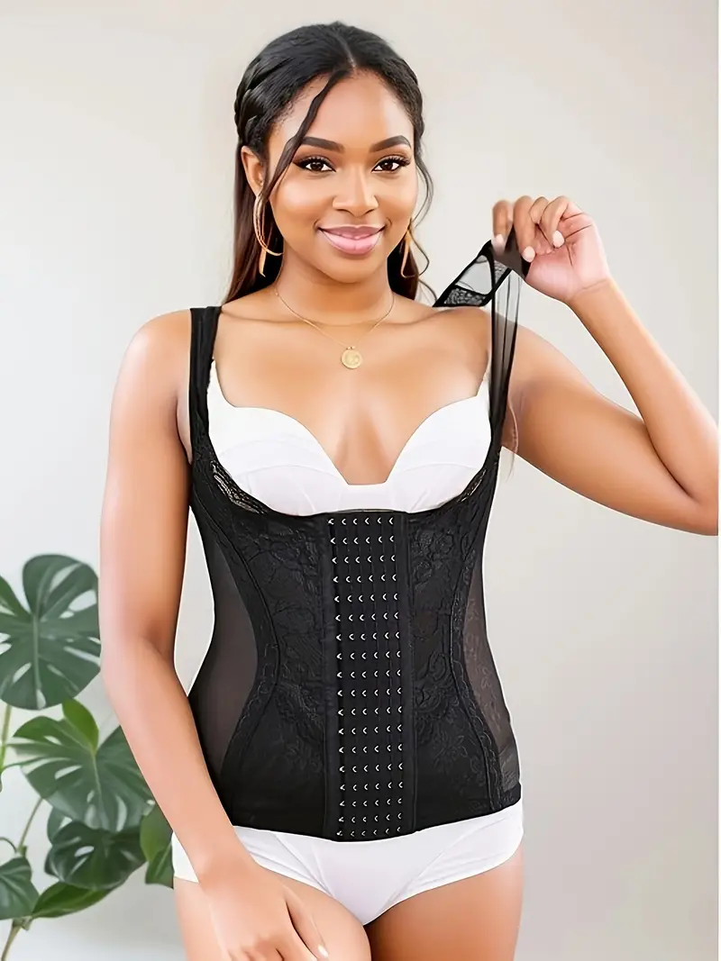 Plus Size Sexy Shapewear Top, Women's Plus Contrast Lace Underbust Tummy  Control Six Breasted Full Body Shaper