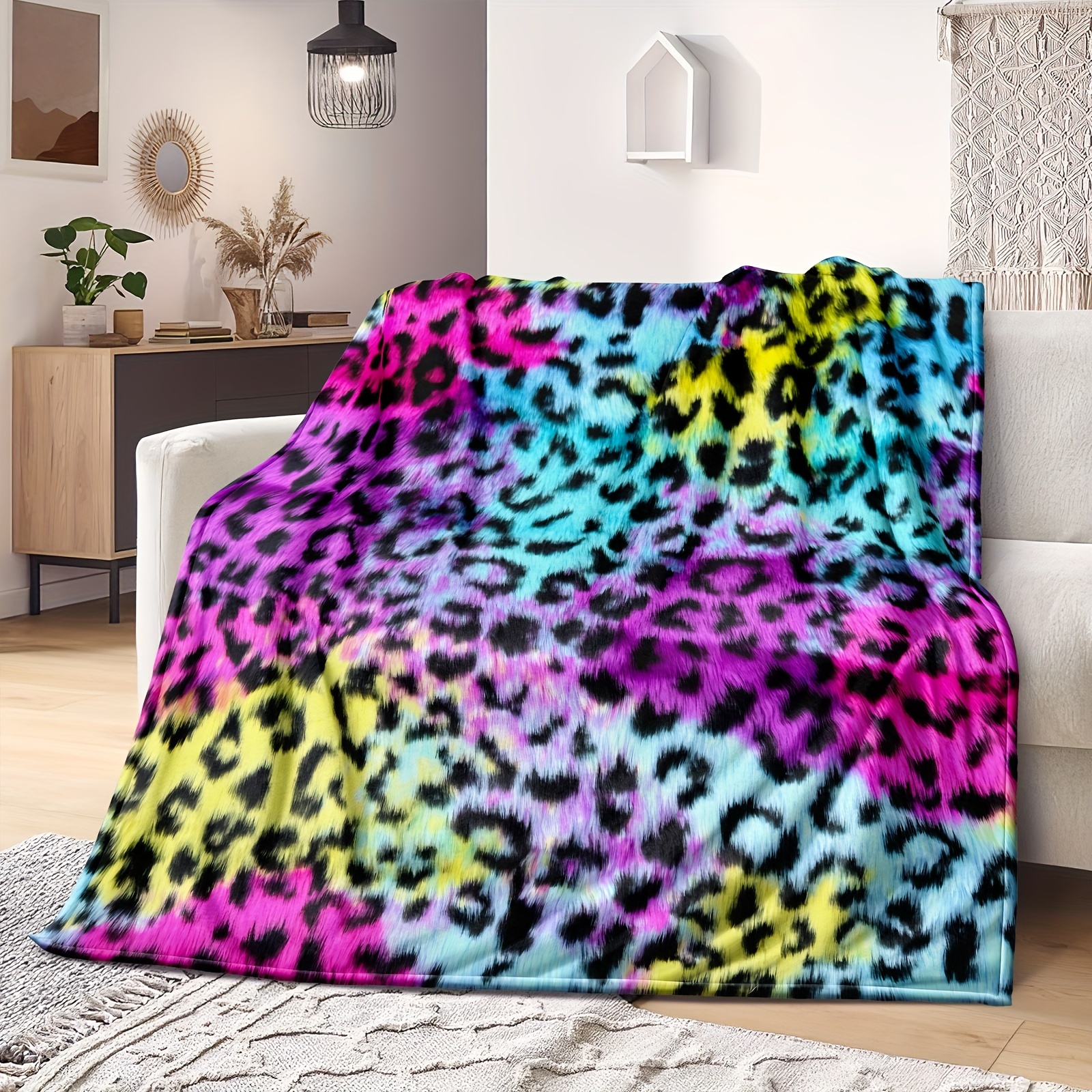 

1pc, Leopard Print Blanket, Rainbow Tie Dye Throw Blanket, Colorful Print Fleece Blanket, Neon Rainbow Leopard All Season Warm And Cozy Quilt Blanket For Bed Sofa Couch