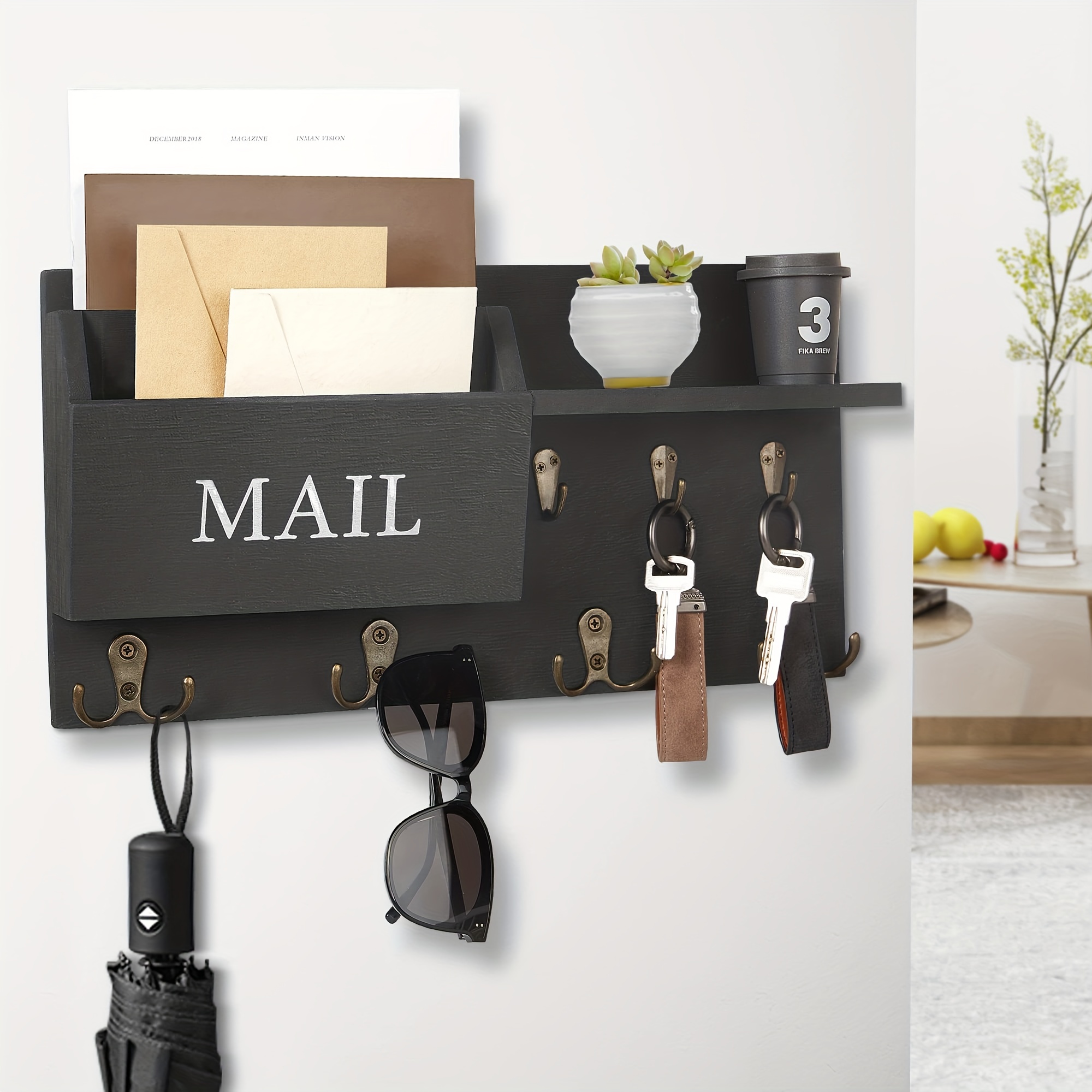 Llavero para pared, soporte decorativo para llaves y correo con estante  tiene ganchos grandes para bolsos, abrigos, paraguas, colgador de llaves de