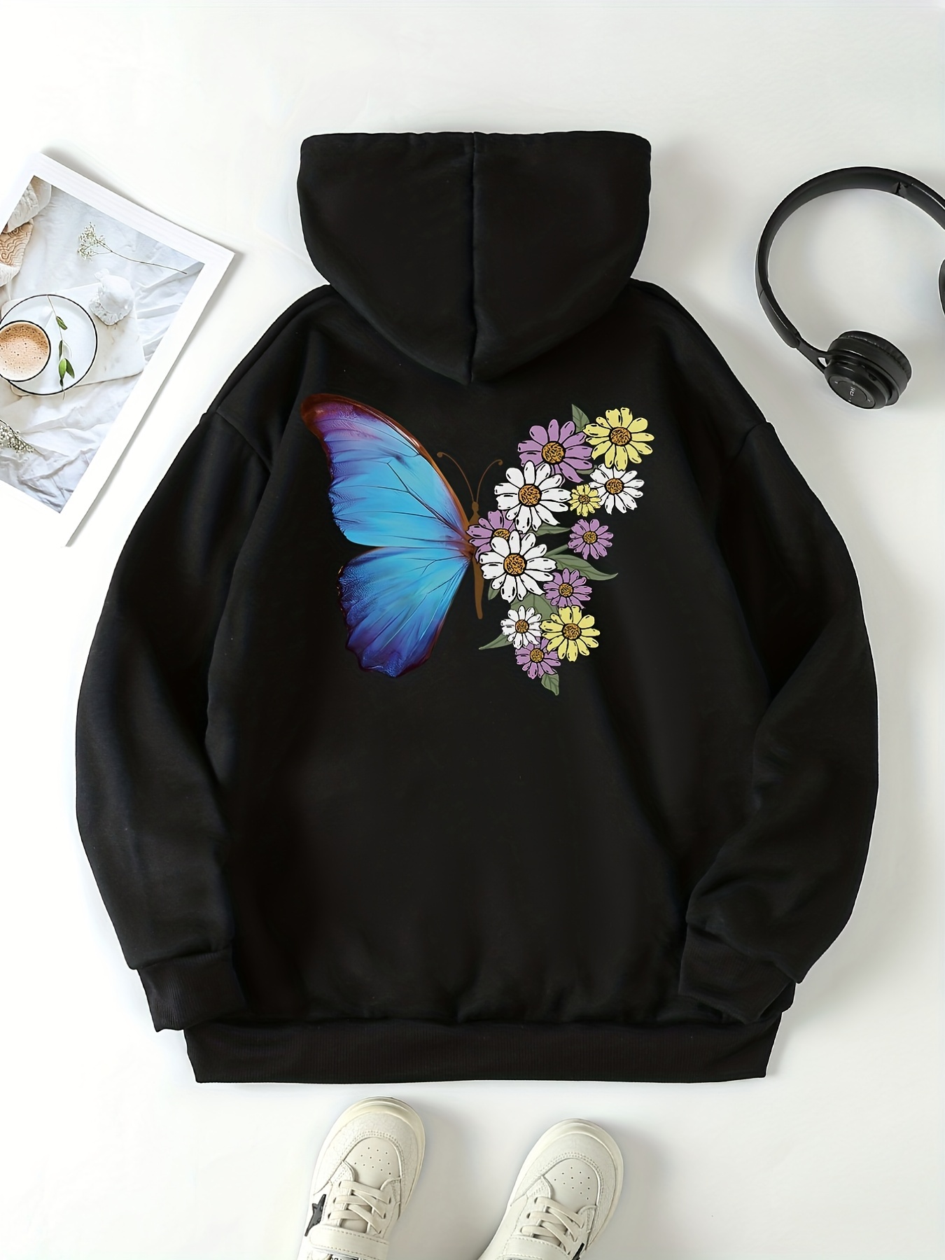 Butterfly Floral Print Pocket Hoodie Casual Long Sleeve - Temu New