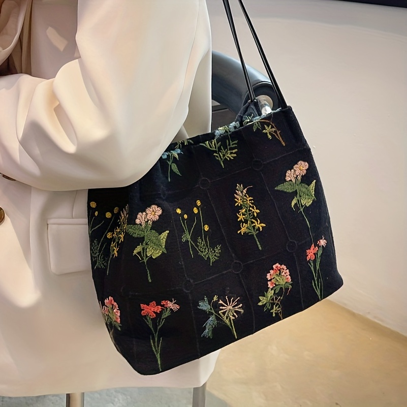 Classic Flower Embroidered Tote Bag, Stylish Satchel Bag, All-match  Shoulder Bag For Work - Temu