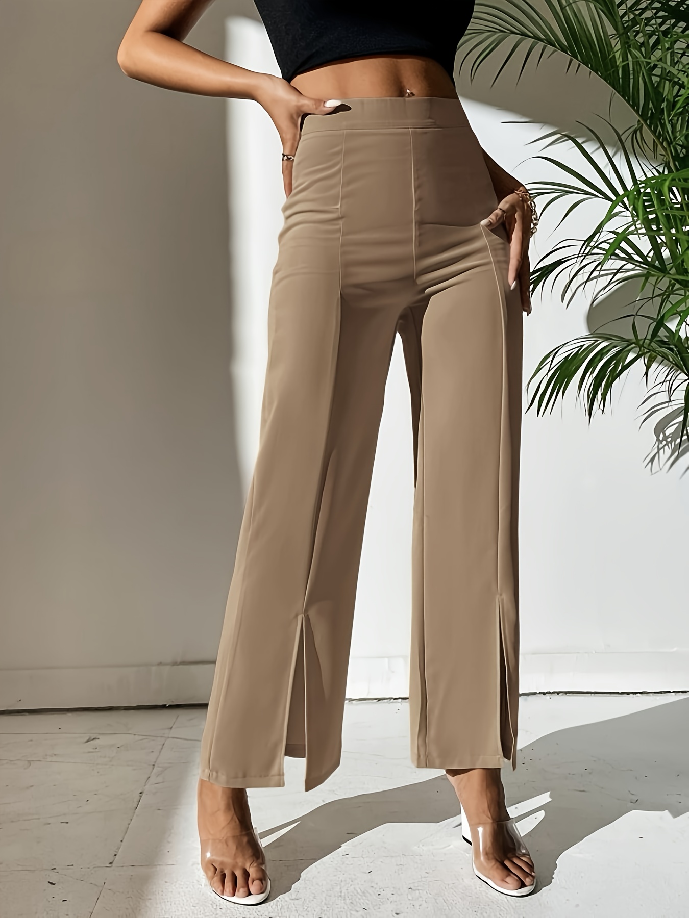 Slim Straight Slit Detail Suit Pants Beige