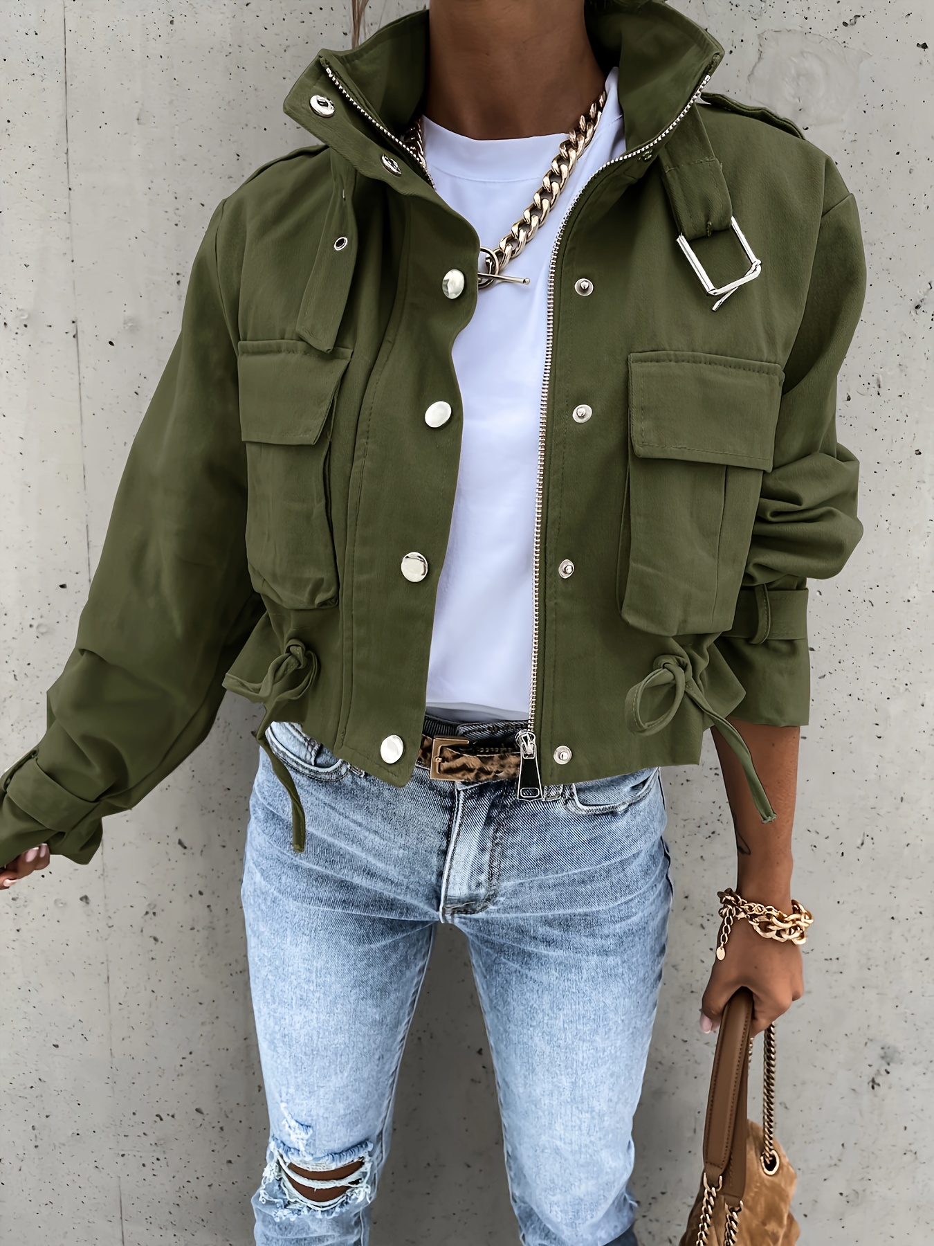 Women's Outerwear Green Camo Print Multi Pockets Button - Temu