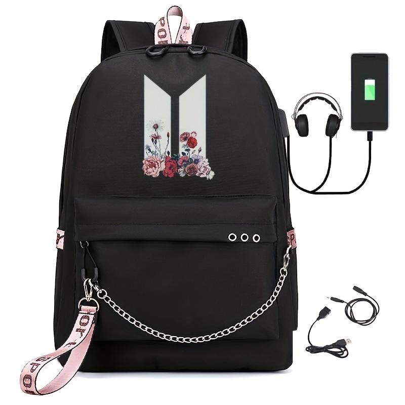 Kpop Canvas Backpack Casual Floral Print School Bag Chain Decor
