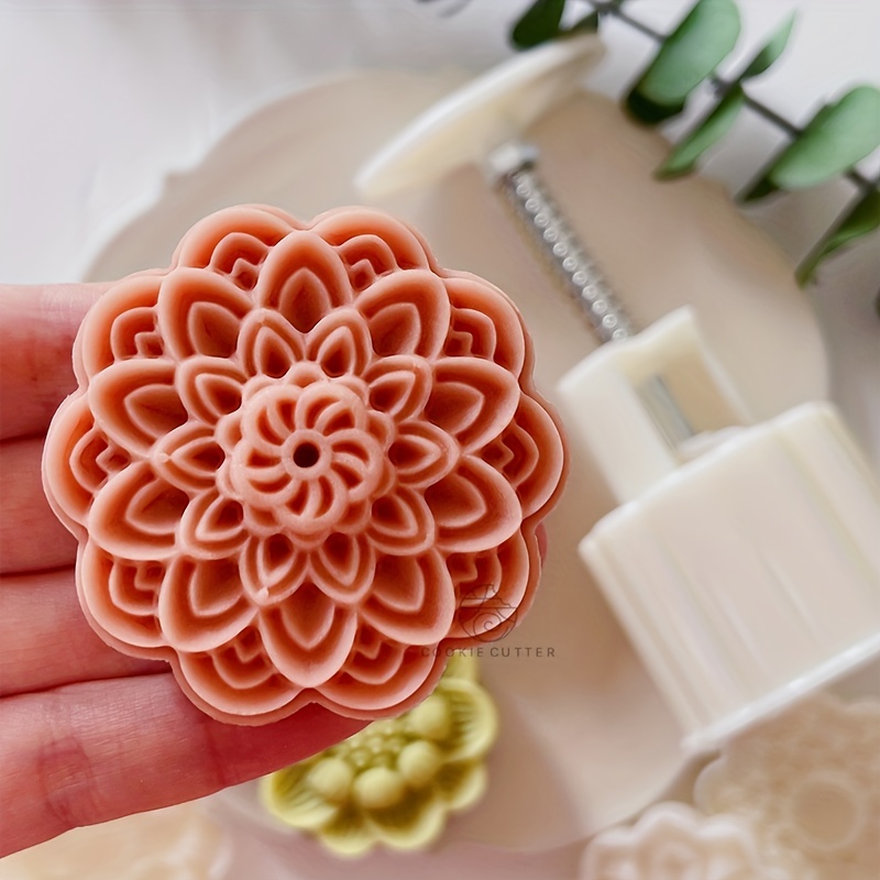 set   cake mold including 1pc mold and 4pcs stamps flower shaped moon cake maker plastic diy hand press cookie stamps   autumn festival pastry tools baking tools kitchen gadgets kitchen accessories home kitchen items 3