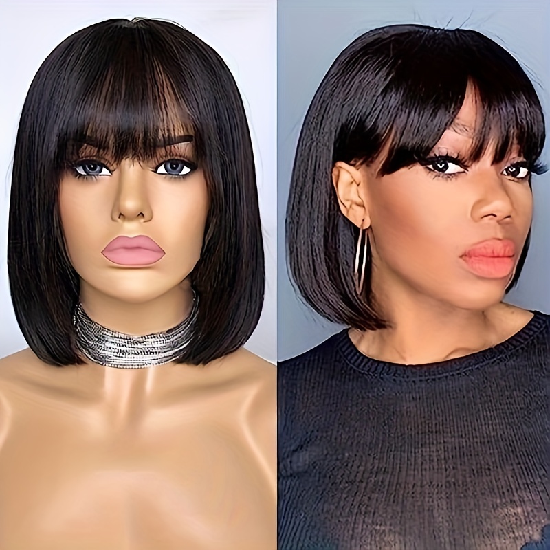 180 density straight bob wig with bangs for women natural human hair lace front wig with machine made construction details 0