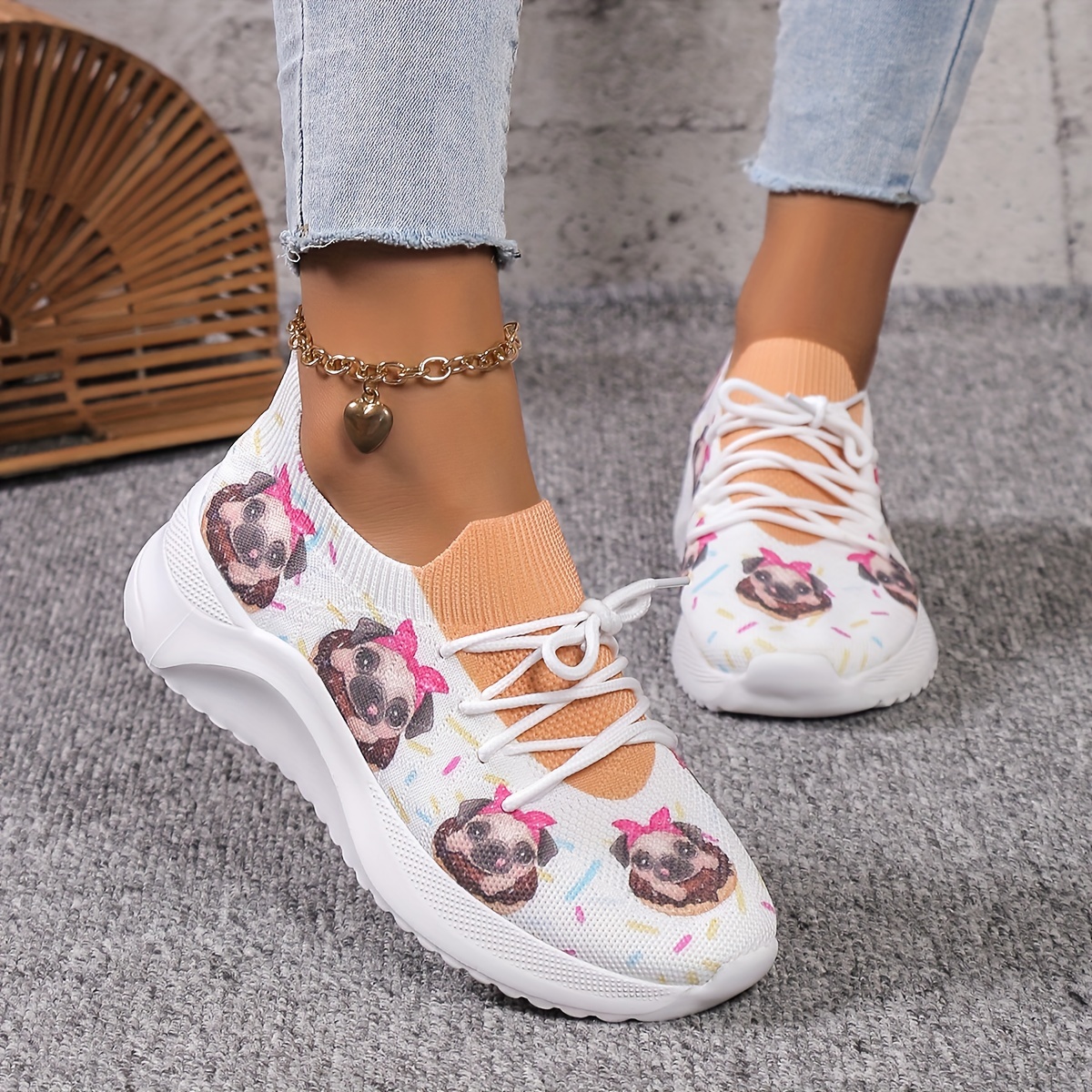 Amy and Michael Cute Anime Sneakers for Girls Students Breathable Mesh  Trainers Female Women Low Top Lace Up Casual Chunky Shoes