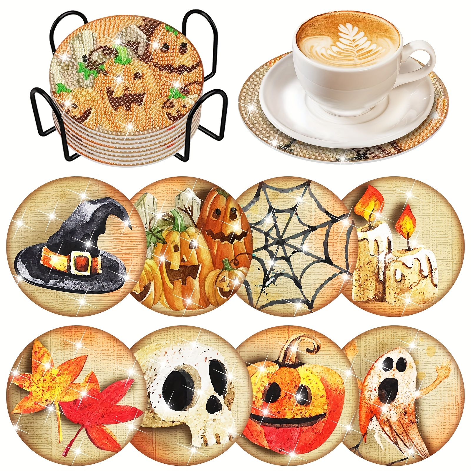 Diamond Painting Coasters With Holder Diy Halloween Life - Temu