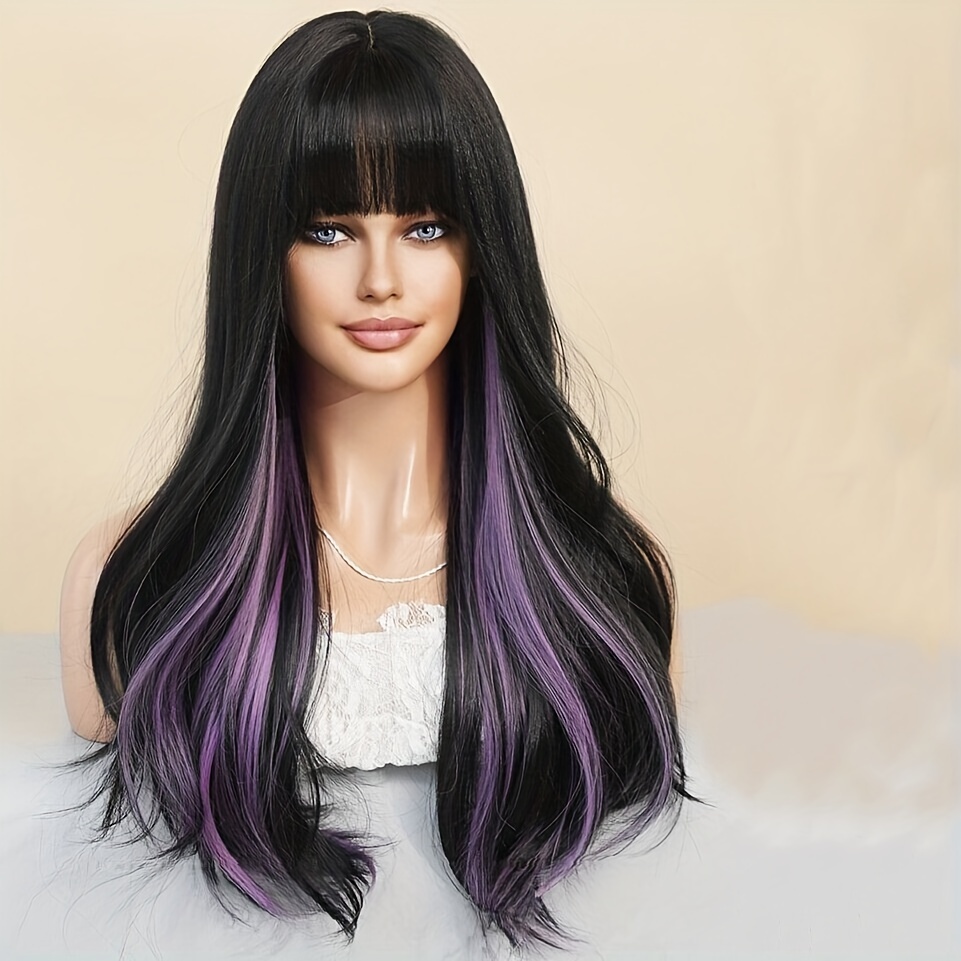 Long Black Wig Purple Highlights Synthetic Wavy Wigs Bangs Temu