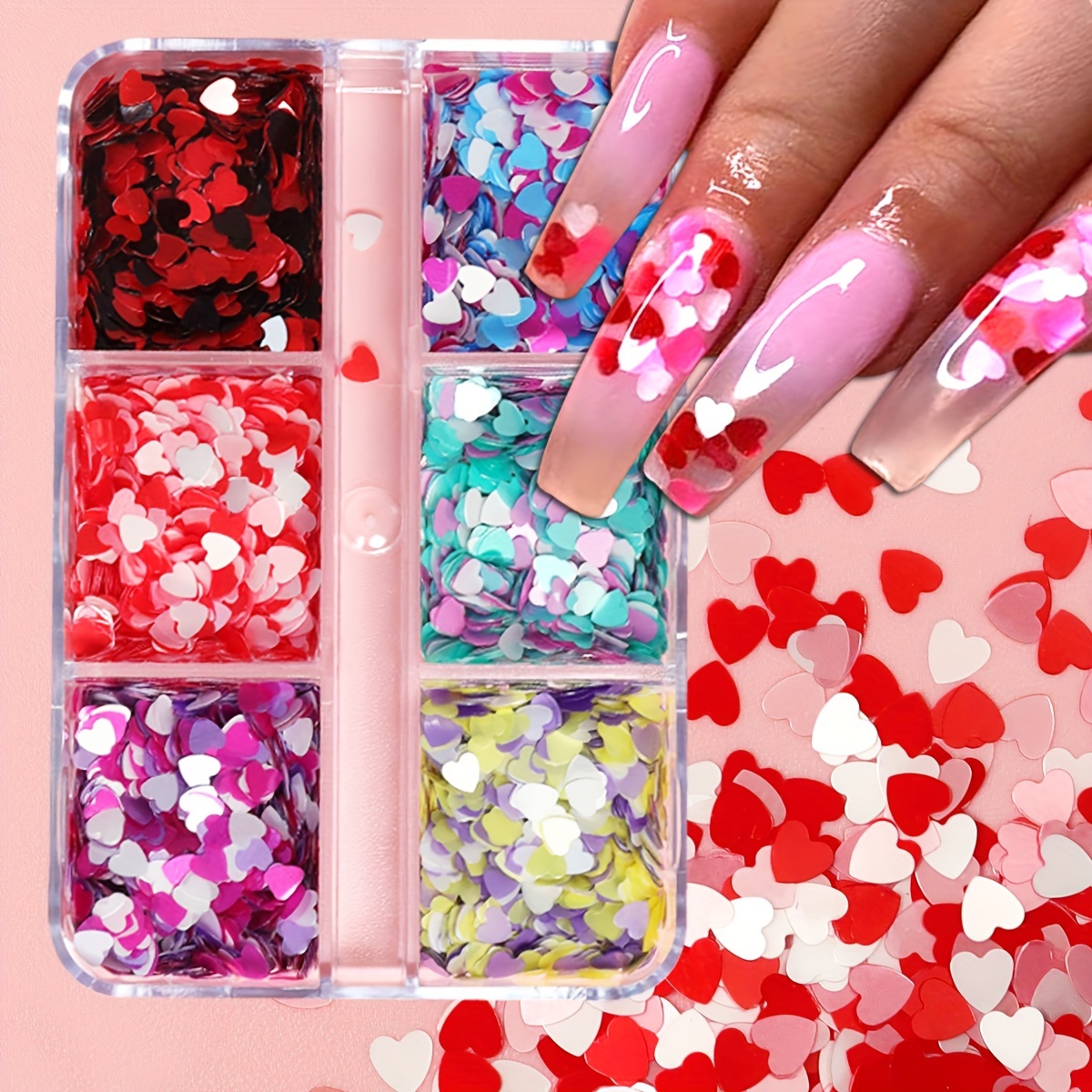 6 Grids 3D Heart Glitter Nail Sequins Holographic Heart Nail Art Stickers  Love Valentines Nail Decals Red Rose Gold Black Heart Glitter for Nails