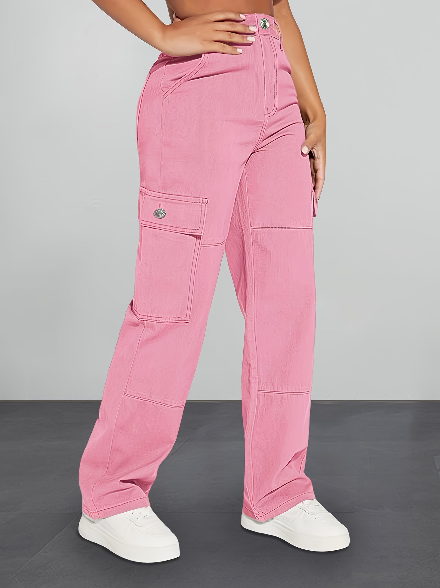Pink Flap Pockets Cargo Pants, Ripped Holes Loose Fit Distressed Wide Legs  Jeans, Y2K & Kpop Women's Denim Jeans & Clothing