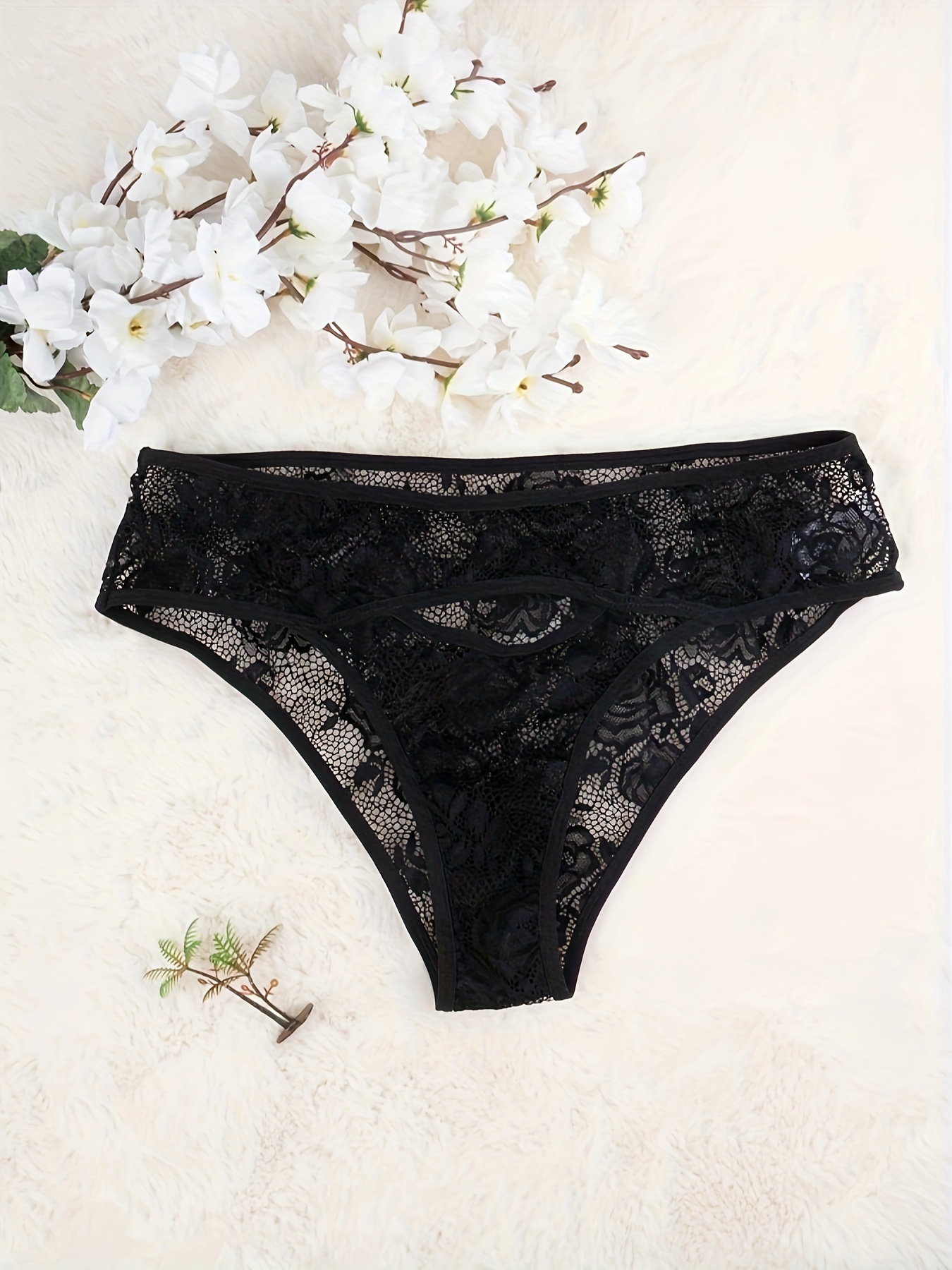 Breathable Embroidered Black Lace Crotchless Briefs For Women Sexy
