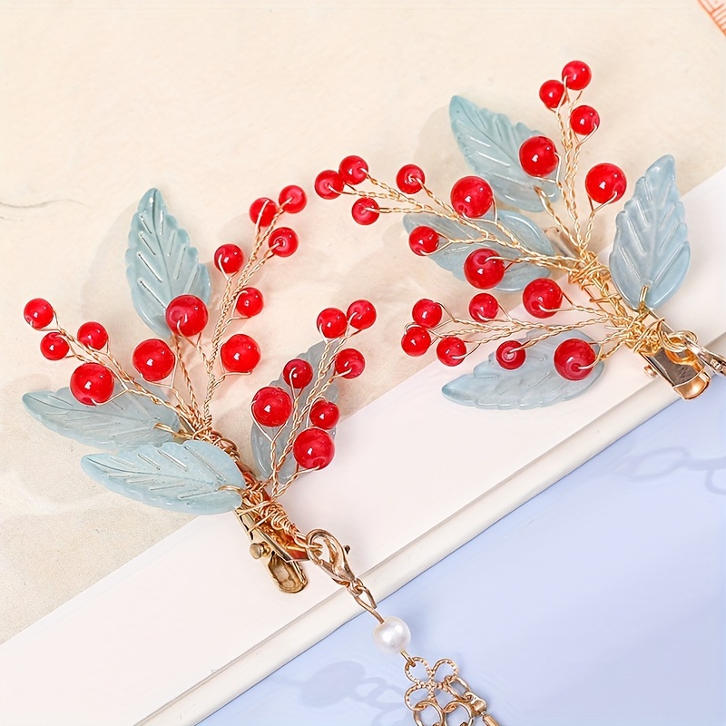 Wooden Hairpin With Tassel Red Beads