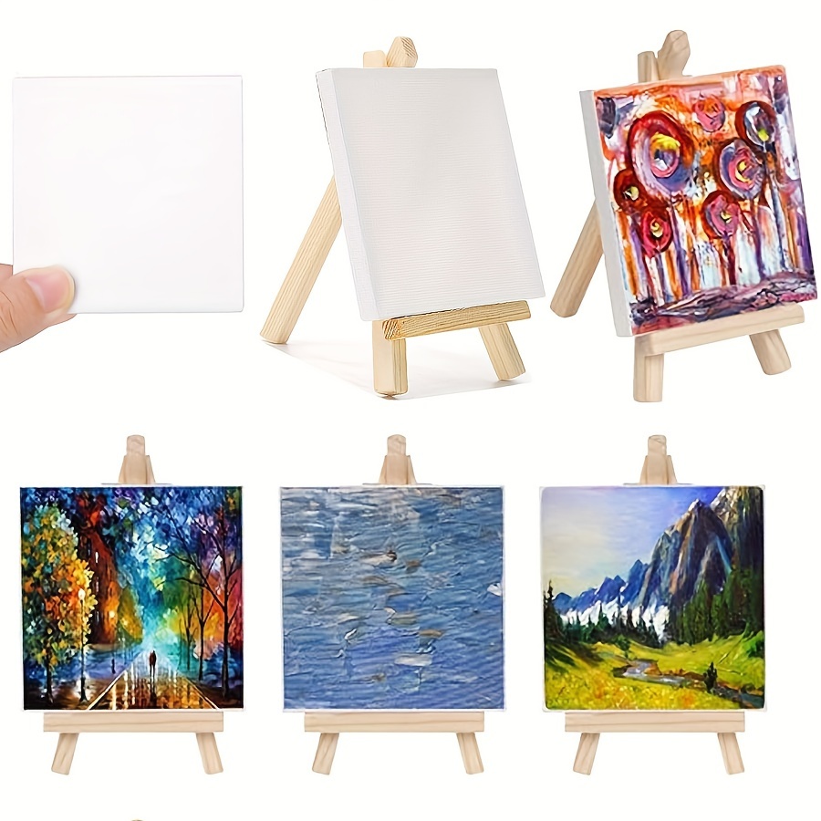 8 Pack 4inx 4in Mini Canvas And Easel Set, Small Art Easel Stand With  Canvas Set, Tabletop Wooden Display Stand And Canvas Panels For Artist,  Students