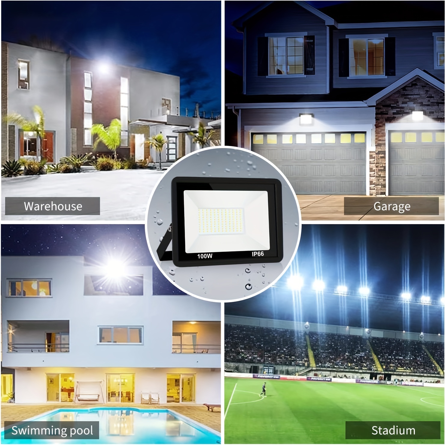 stadium garage playground-1 pack 100w led flood light outdoor floodlight fixture with plug in ip 66 waterproof led work light 6500 k security light for yard garden stadium garage playground details 4