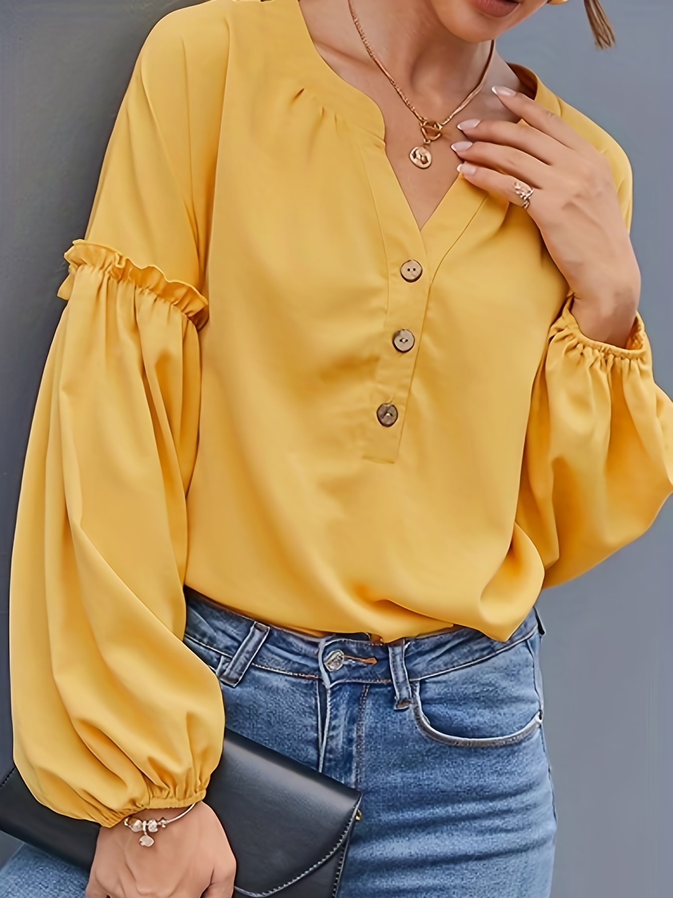 Ruffle Trim Solid Blouse Elegant V Neck Lantern Sleeve - Temu