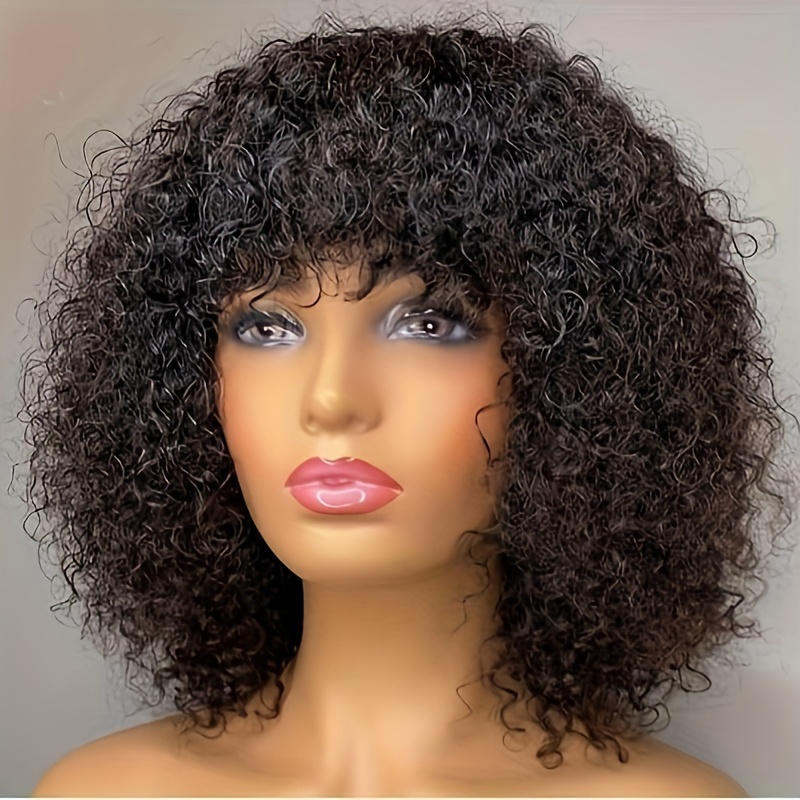 

Short Bob Wig Kinky Curly Human Hair Wigs With Bangs 180% Density Machine Made Wigs None Lace Wigs Natural Color Short Bob Curly Hair