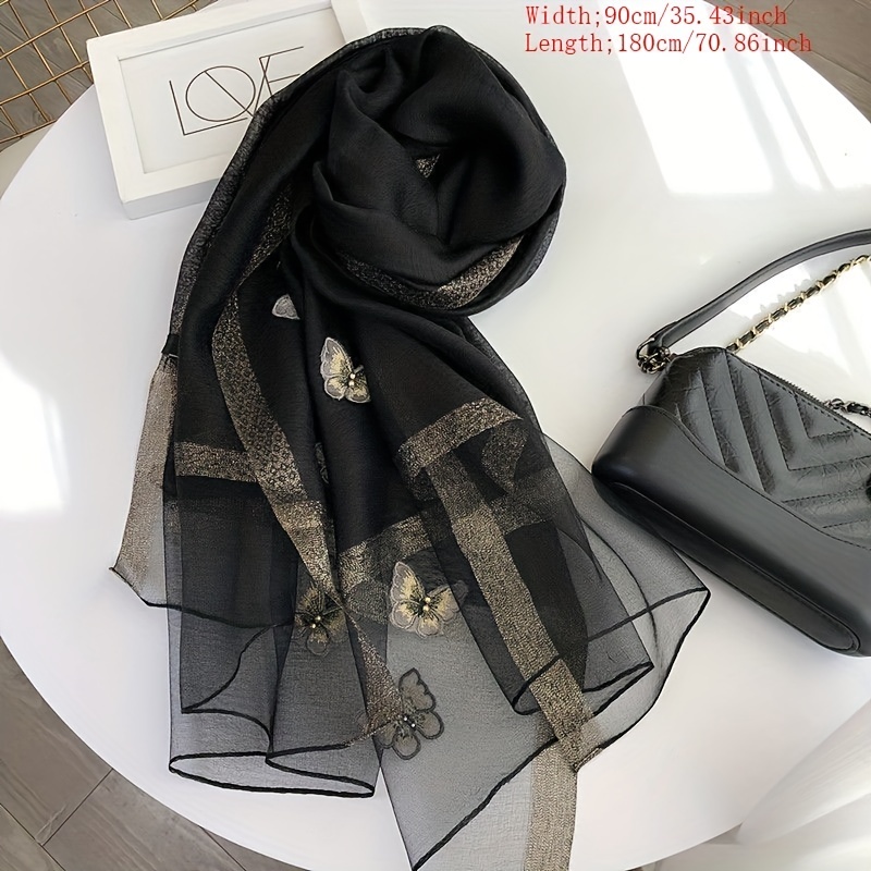 Plaid Pattern Scarf Butterfly & Faux Pearl Decor Shawl Wrap Head Wrap