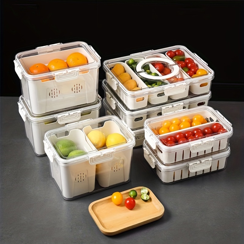 

1pc Transparent Refrigerator Storage Box With Drain Basket - Stackable Produce Saver Container For Fresh Vegetables And Fruit - 2/4 Grids Food Organizer Bins For Kitchen Supplies
