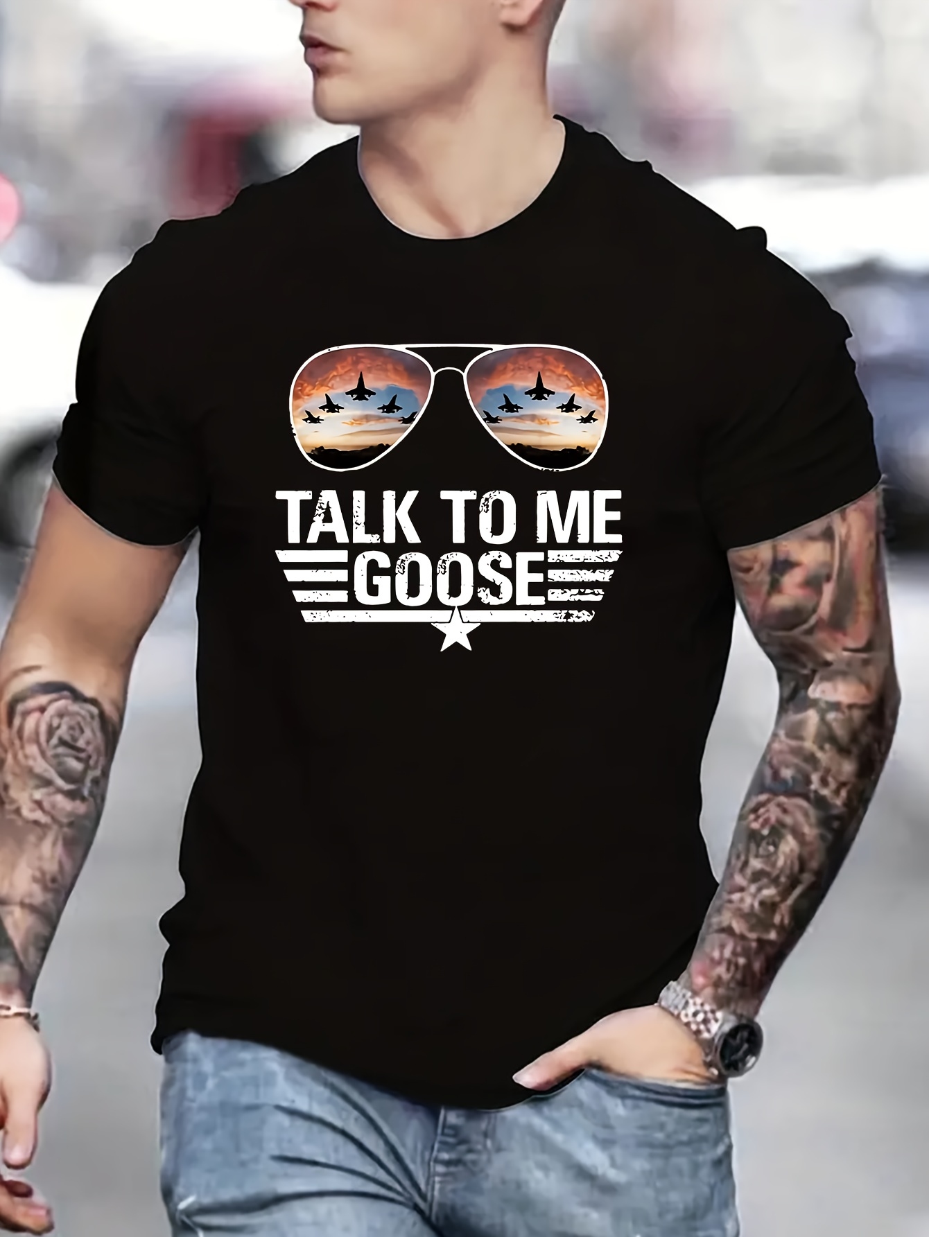 Talk To Me Goose & Sunglasses Print Graphic T-shirt, Casual Every Day Top,  Women's Clothing - Temu