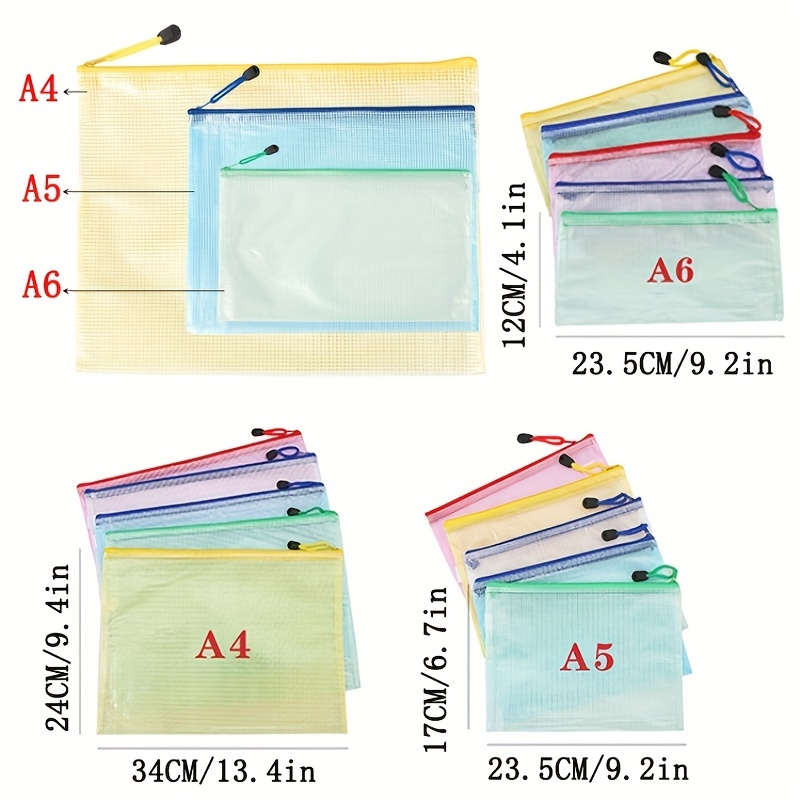 3PCS Mesh Zipper Pouch Document Bag Waterproof Zip File Folders A3