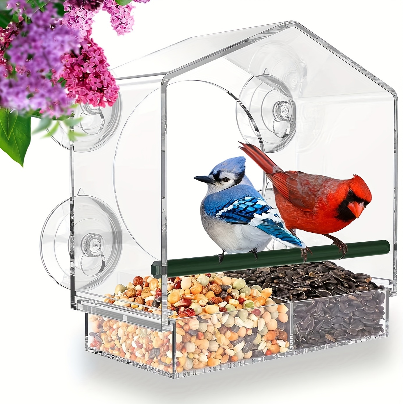 Filhome Mangeoire à oiseaux en verre acrylique transparent avec bac  d'alimentation amovible pour oiseaux sauvages avec 4 ventouses