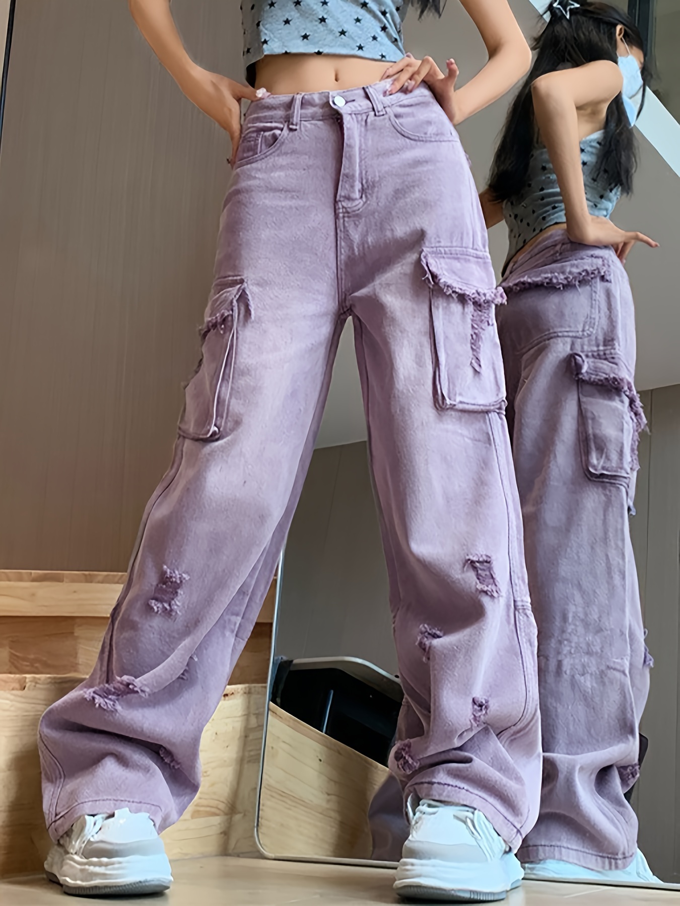 Purple Flap Pockets Straight Jeans, Loose Fit Ripped Holes Washed Y2K Style  Denim Pants, Women's Denim Jeans & Clothing
