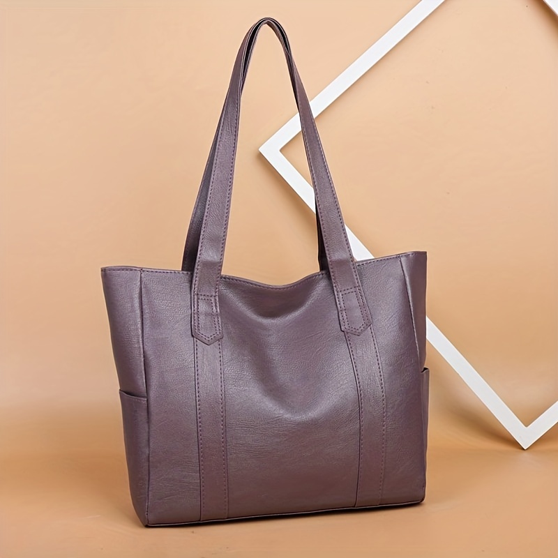 Solid Color Tote Bag Large Capacity Shoulder Bag Pu Leather - Temu