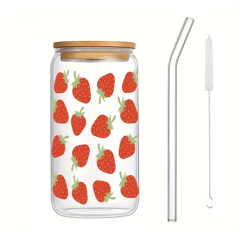 Strawberry Can Glass Cup w/Bamboo Lid & Straw