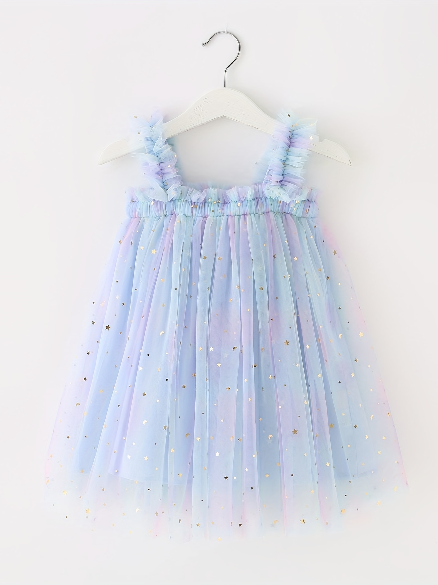 Toddler Girls Sequin Stars Moon Frill Trim Shirred Rainbow Temu