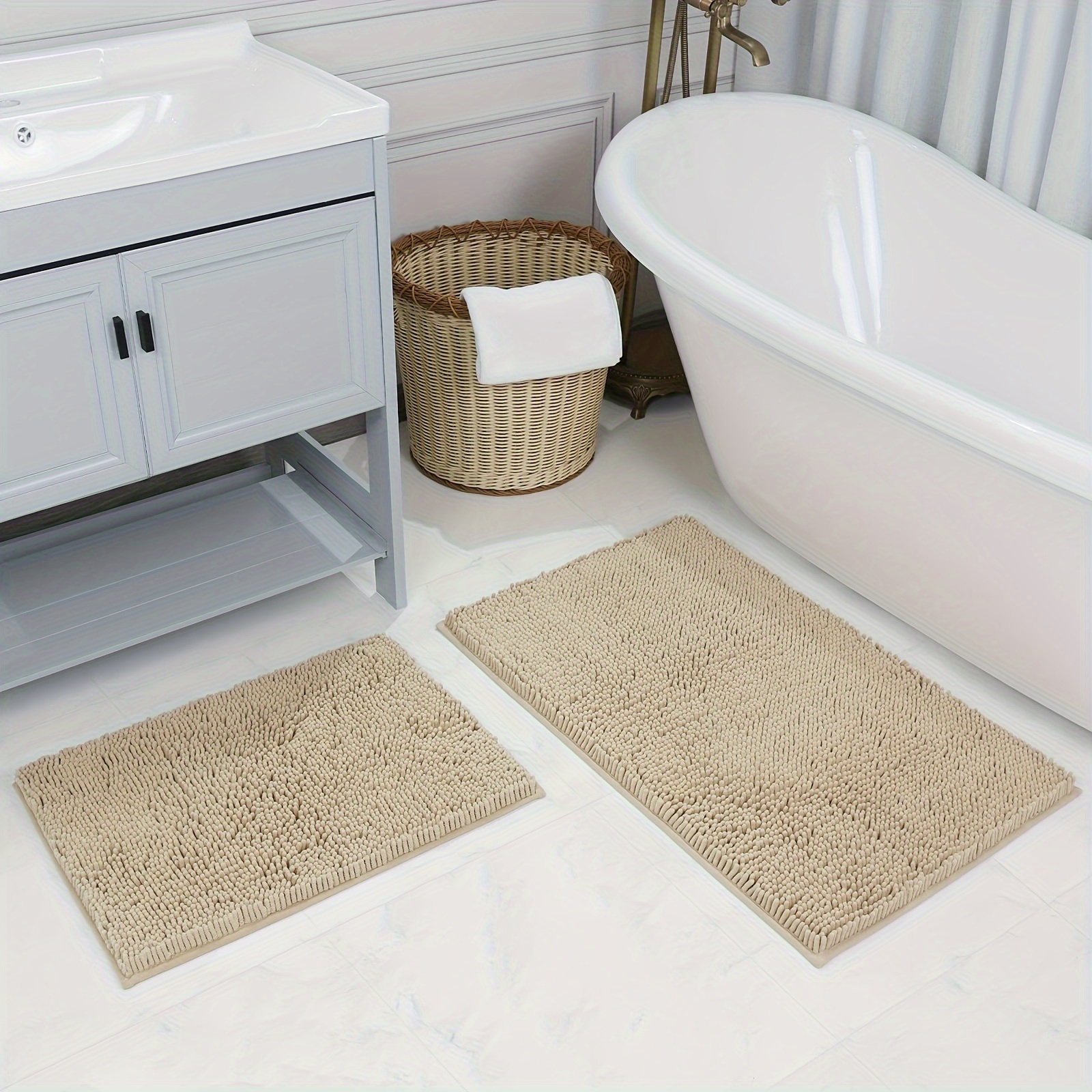 Beige Cotton Anti Slip Bath Mat