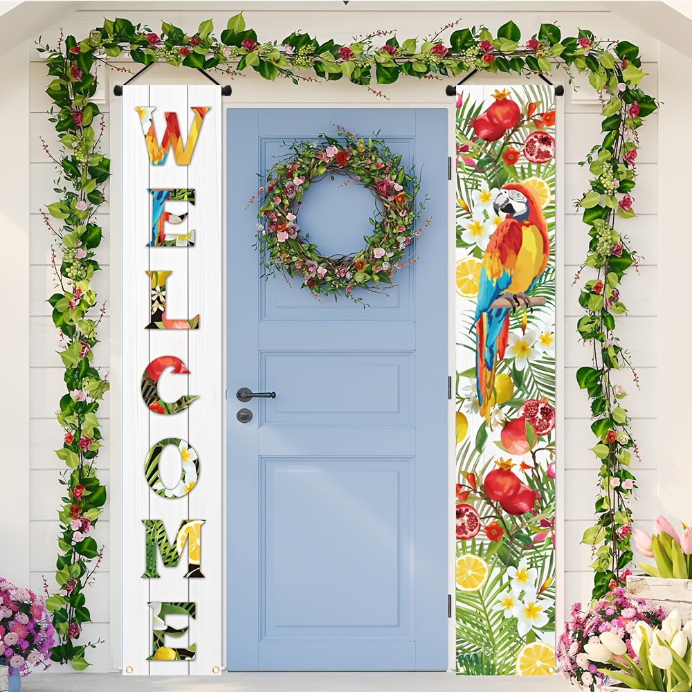 

2pcs, Welcome Spring Front Door Porch Signs, Polyester Colorful Nature Flower Parrot Pattern Patio Outdoor Indoor Party Decoration Hanging Banner 11.8x70.8 Inch