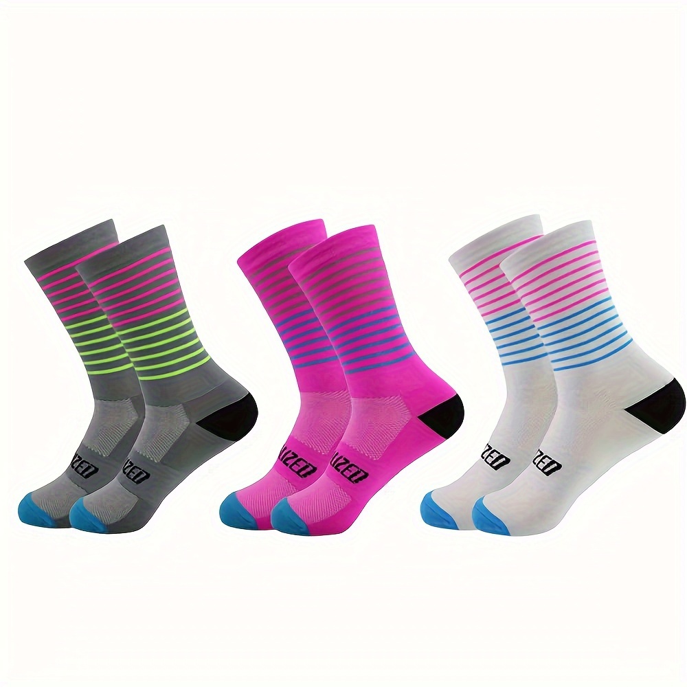 

1 Pair Letter Pattern Striped Athletic Socks, Towel Sole Thickened Non-slip Grips Sweat Absorption Breathable Mid-tube Socks For Running Training Basketball Football
