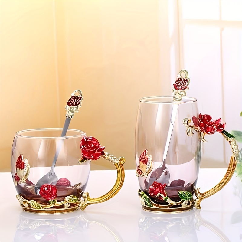 1pc Glass Cup Rose Enamel Crystal Tea Cup, Coffee Mug, Tumbler Butterfly  Rose Painted Flower Water Cups, Clear Glass With Spoon Set